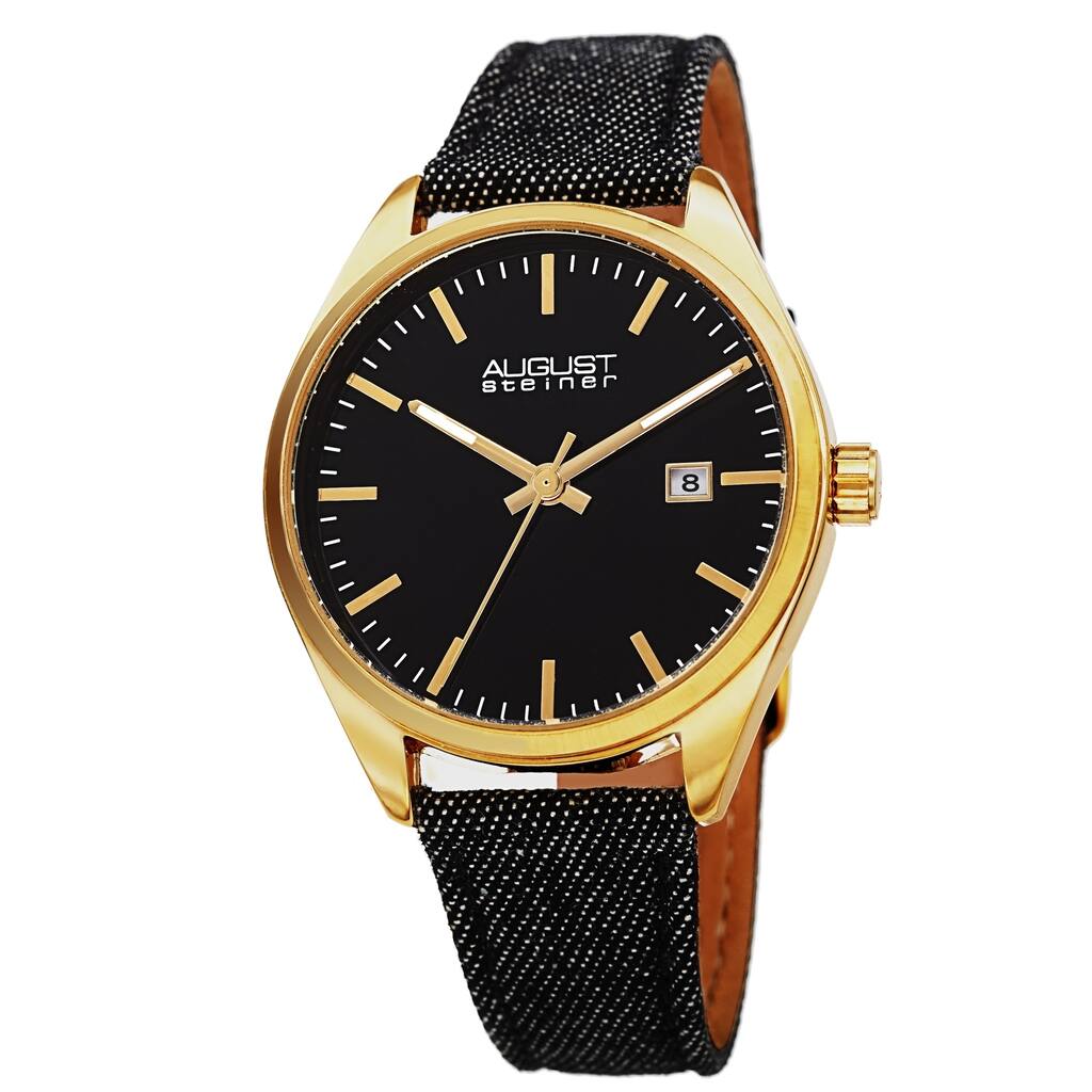 August Steiner Women's Date Textured Denim over Leather Strap Watch