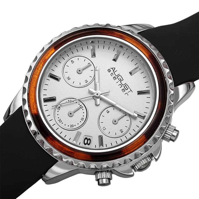 August Steiner Chronograph Date Tortoise Shell Silicon Smooth Strap Watch - Black/Silver - Black/Silver