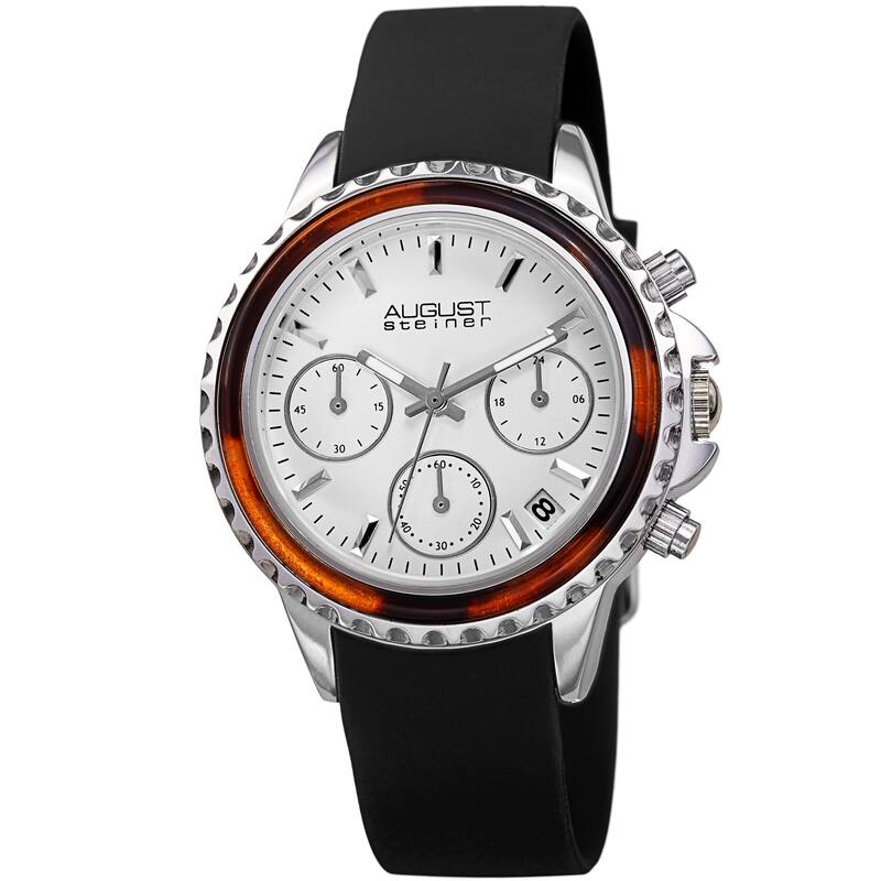 August Steiner Chronograph Date Tortoise Shell Silicon Smooth Strap Watch - Black/Silver