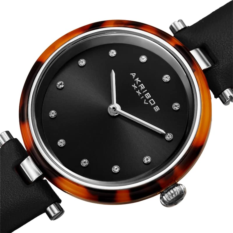Akribos XXIV Women's Tortoise Crystal Dial Leather Strap Watch - Black