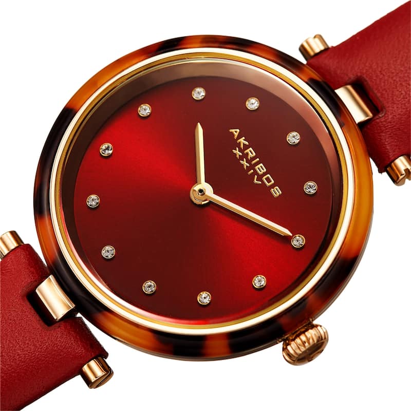 Akribos XXIV Women's Tortoise Crystal Dial Leather Strap Watch - Red