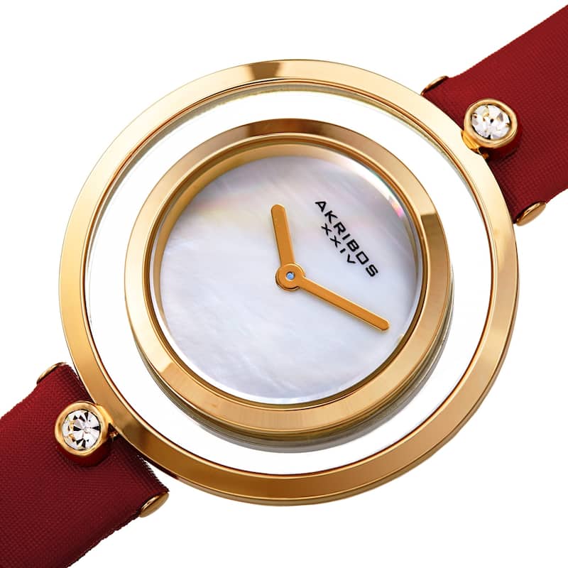 Akribos XXIV Women's Swarovski Crystal Floating Leather Strap Watch - Black - Red