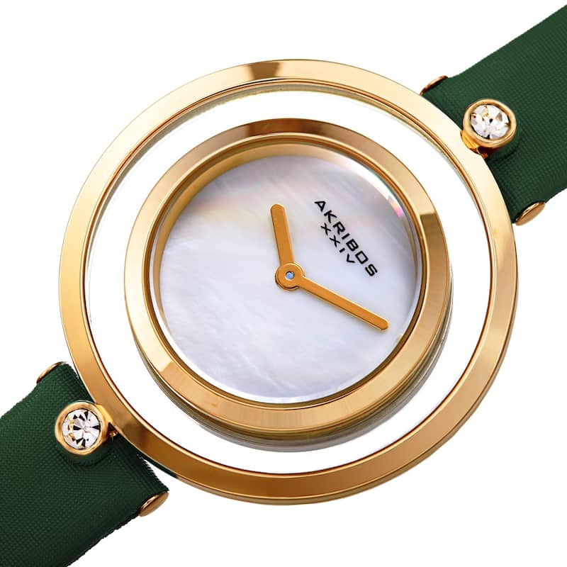Akribos XXIV Women's Swarovski Crystal Floating Leather Strap Watch - Black - Green