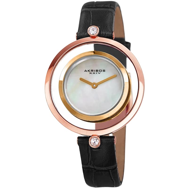 Akribos XXIV Women's Swarovski Crystal Floating Leather Strap Watch - Black