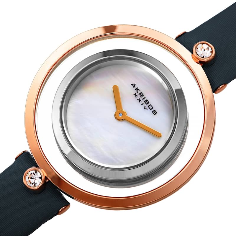 Akribos XXIV Women's Swarovski Crystal Floating Leather Strap Watch - Black - Blue