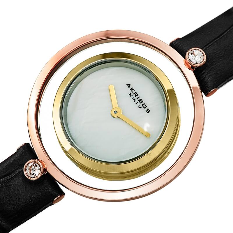 Akribos XXIV Women's Swarovski Crystal Floating Leather Strap Watch - Black