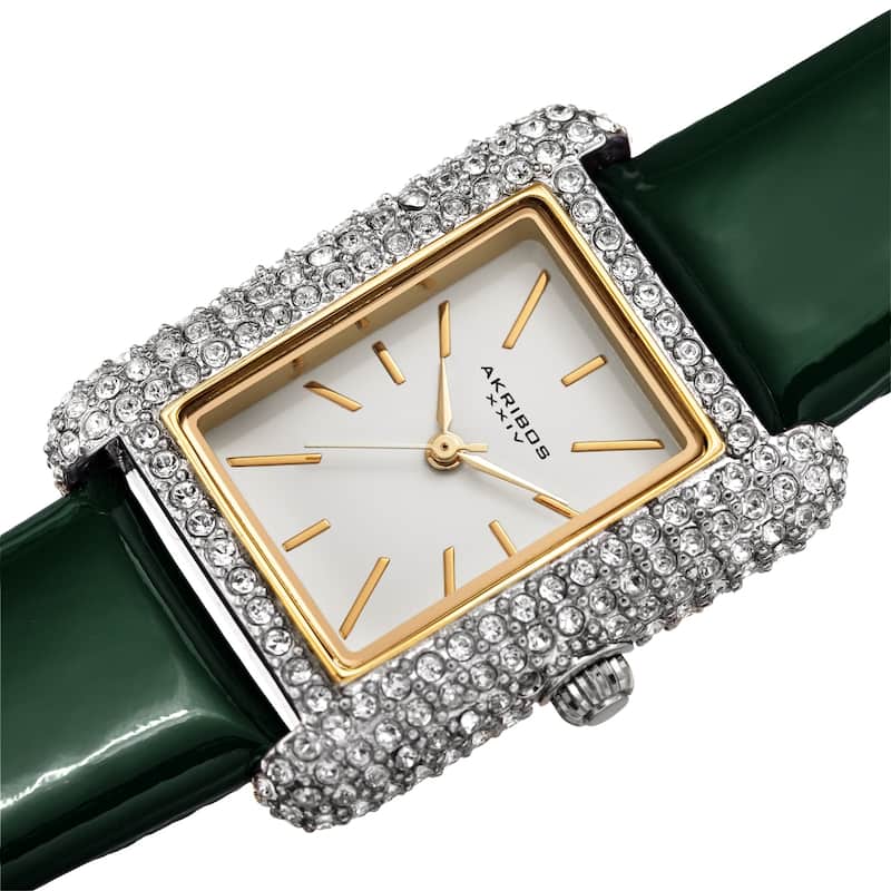 Akribos XXIV Women's Crystal Studded Rectangular Leather Strap Watch - Green