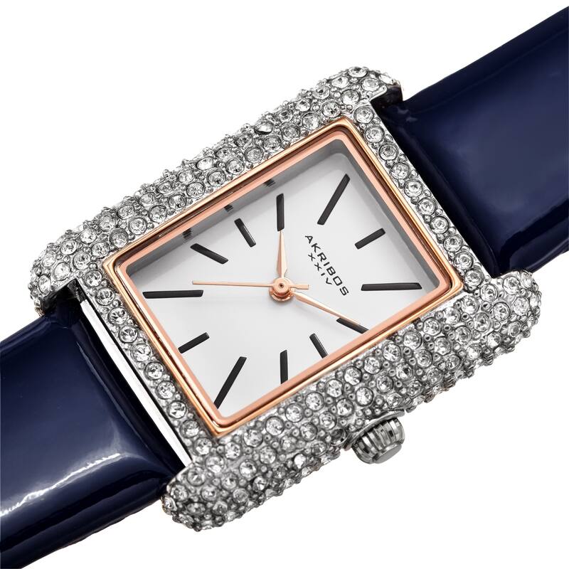 Akribos XXIV Women's Crystal Studded Rectangular Leather Strap Watch - Blue
