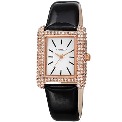Akribos XXIV Women's Crystal Studded Rectangular Leather Strap Watch