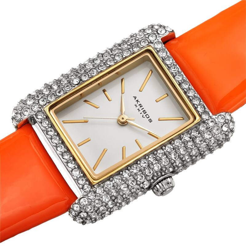 Akribos XXIV Women's Crystal Studded Rectangular Leather Strap Watch - Orange