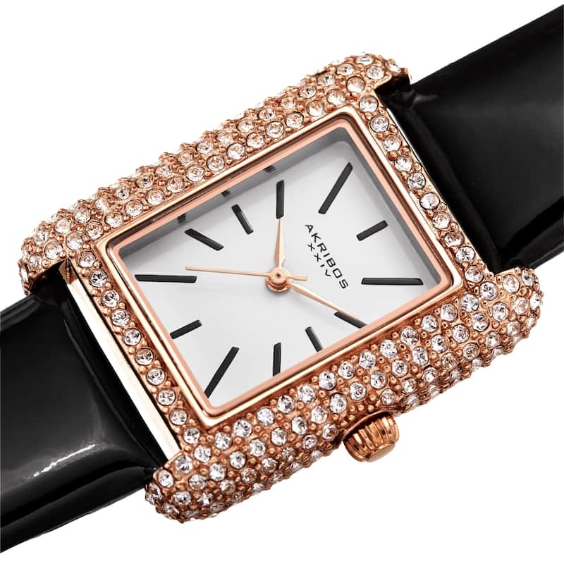 Akribos XXIV Women's Crystal Studded Rectangular Leather Strap Watch - Black