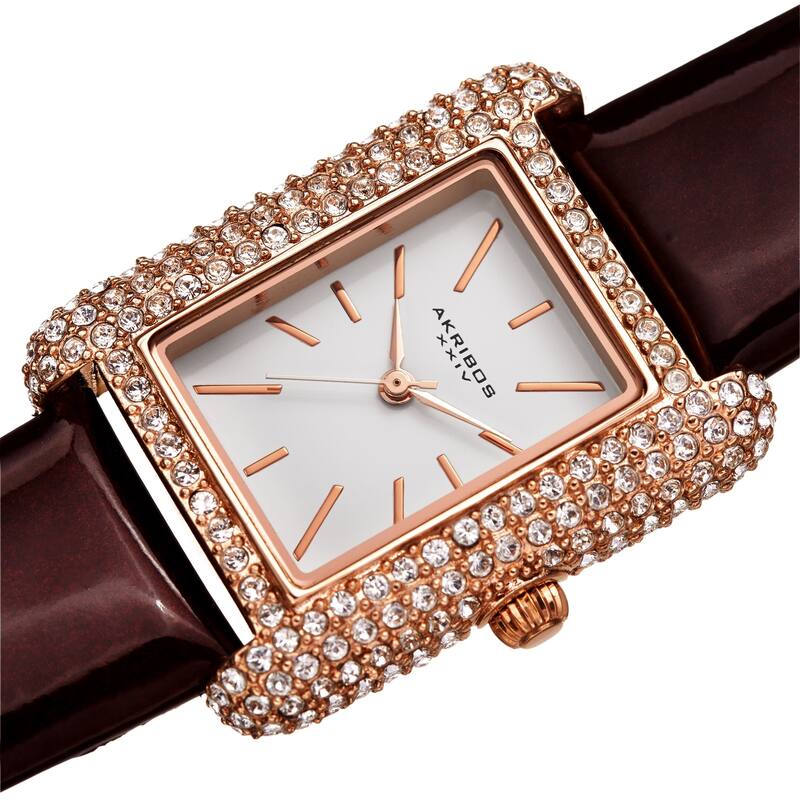 Akribos XXIV Women's Crystal Studded Rectangular Leather Strap Watch - Brown