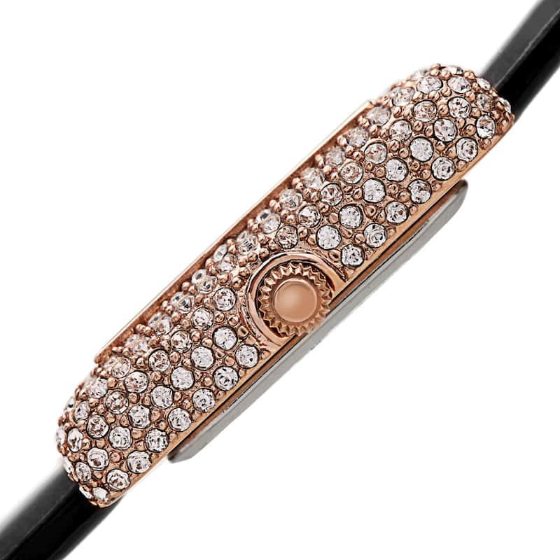 Akribos XXIV Women's Crystal Studded Rectangular Leather Strap Watch
