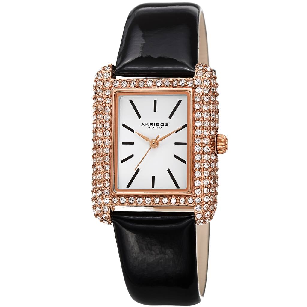 Akribos XXIV Women's Crystal Studded Rectangular Leather Strap Watch
