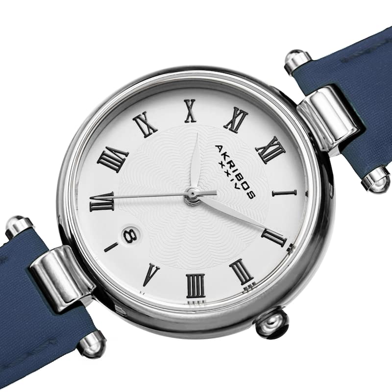 Akribos XXIV Women's Vintage Date Embossed Leather Strap Watch - Black - Blue