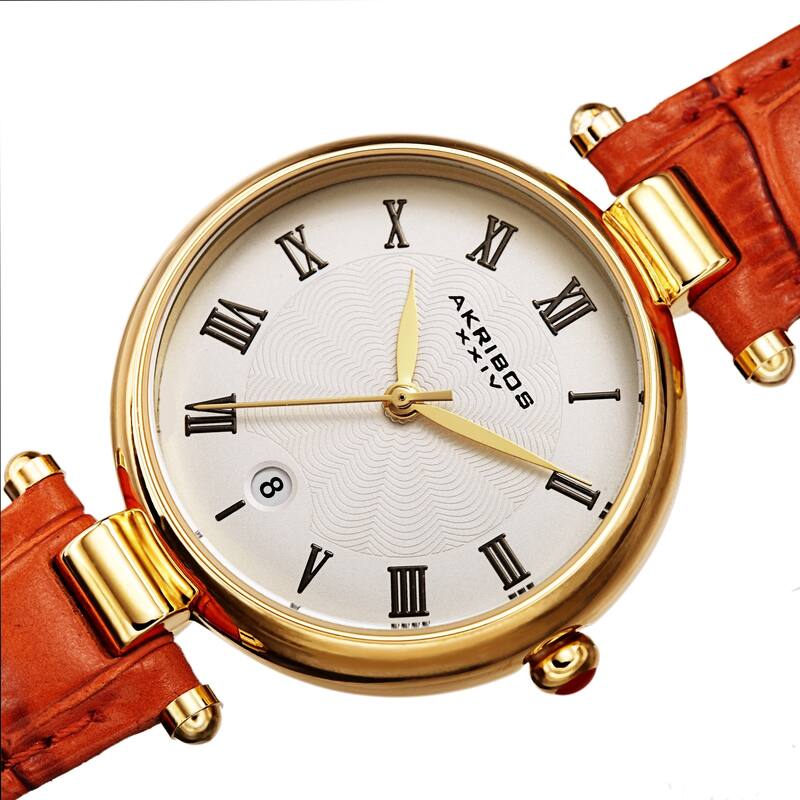 Akribos XXIV Women's Vintage Date Embossed Leather Strap Watch - Black - Orange