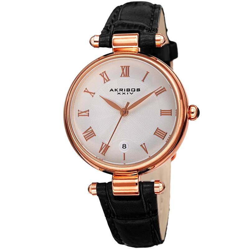 Akribos XXIV Women's Vintage Date Embossed Leather Strap Watch - Black