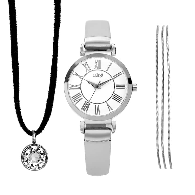 Burgi Women's Swarovski Pendant Strand Bracelet Leather Watch Fashion Box Set