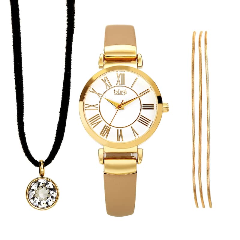 Burgi Women's Swarovski Pendant Strand Bracelet Leather Watch Fashion Box Set - Gold
