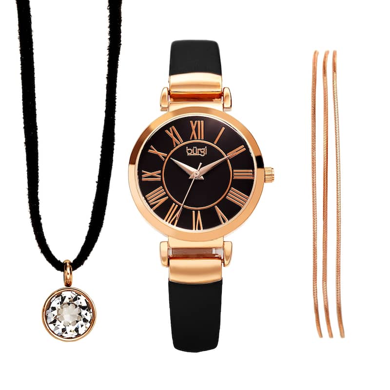 Burgi Women's Swarovski Pendant Strand Bracelet Leather Watch Fashion Box Set