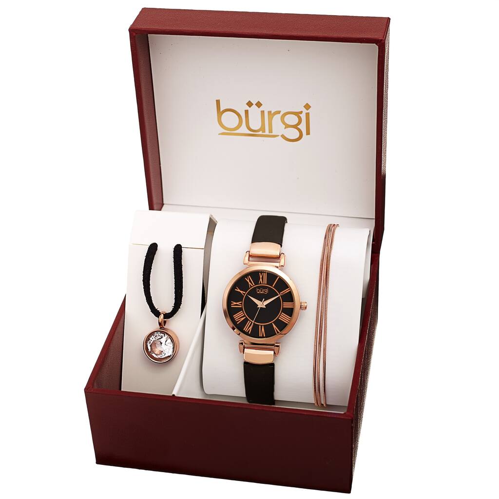 Burgi Women's Swarovski Pendant Strand Bracelet Leather Watch Fashion Box Set