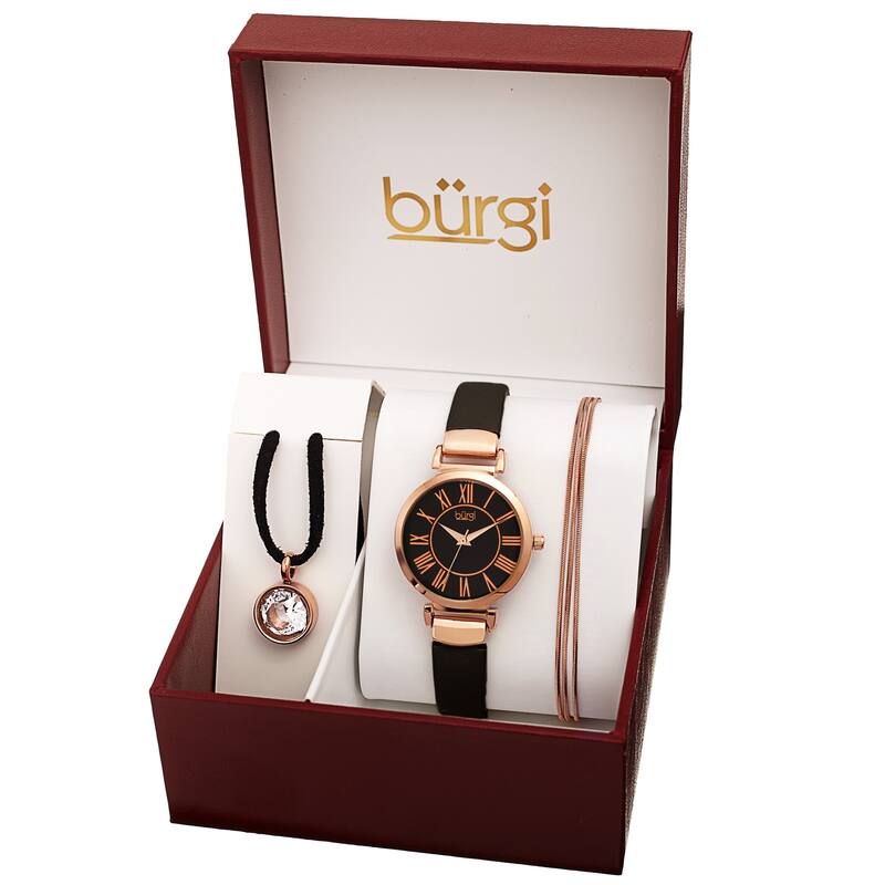 Burgi Women's Swarovski Pendant Strand Bracelet Leather Watch Fashion Box Set