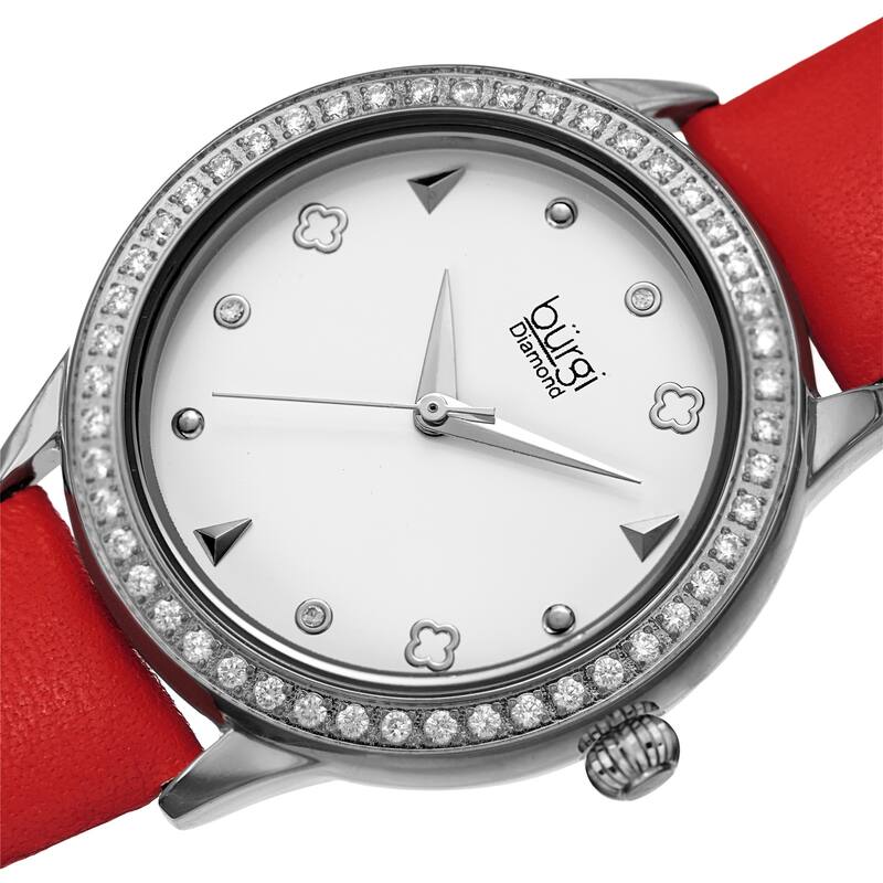 Burgi Women's Diamond Crystal Decorative Shapes Leather Strap Watch - Red