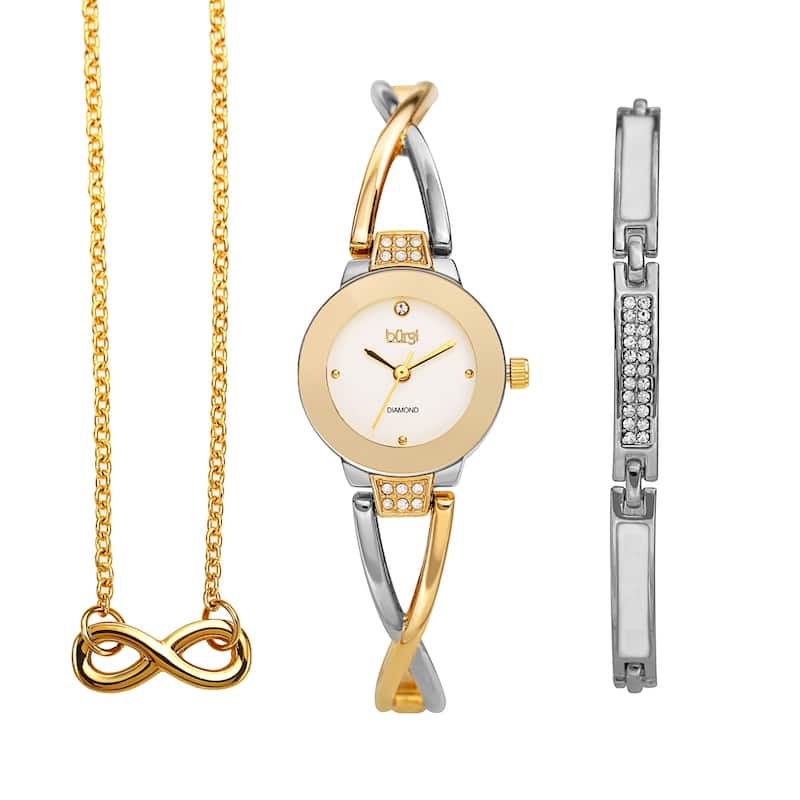 Burgi Women's Infinity Pendant Swarovski Bracelet Diamond Watch Fashion Box Set - Two-tone