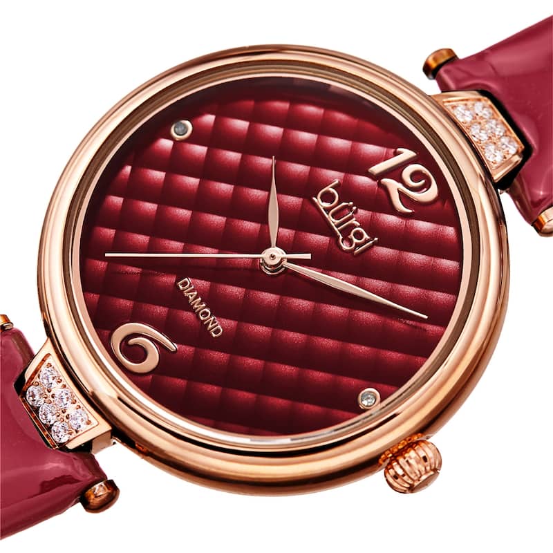 Burgi Women's Diamond Argyle Glossy Leather Strap Watch - Red