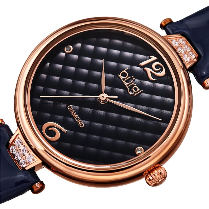Burgi Women's Diamond Argyle Glossy Leather Strap Watch - Blue
