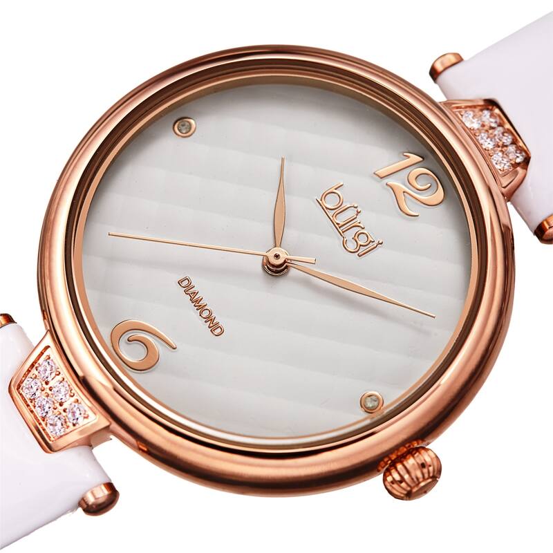 Burgi Women's Diamond Argyle Glossy Leather Strap Watch - White