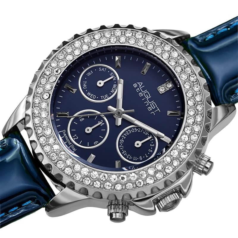 August Steiner Women's Date Diamond Crystal Leather Strap Watch - Black