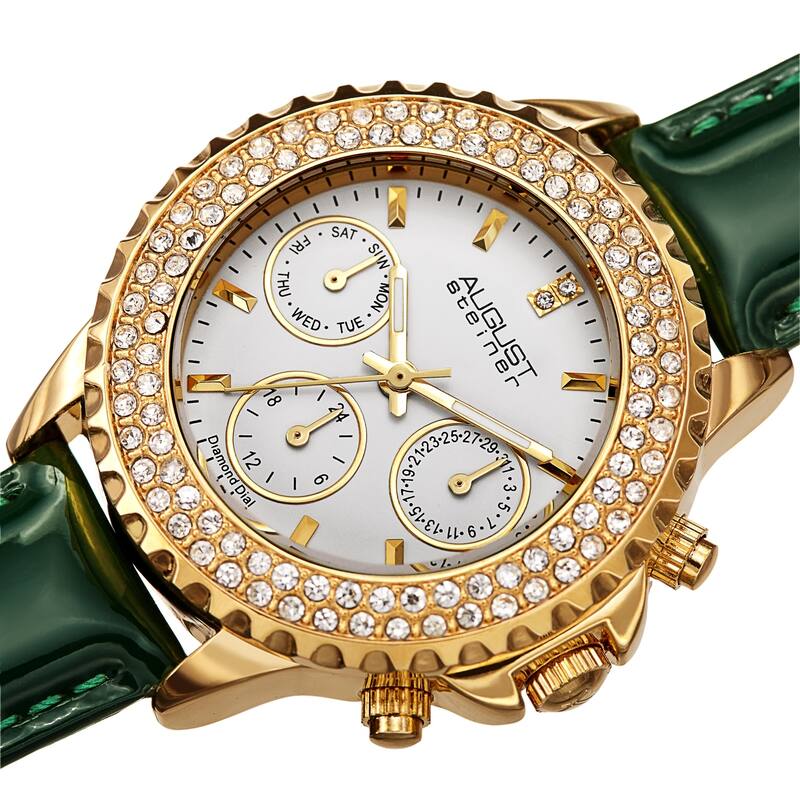 August Steiner Women's Date Diamond Crystal Leather Strap Watch - Black