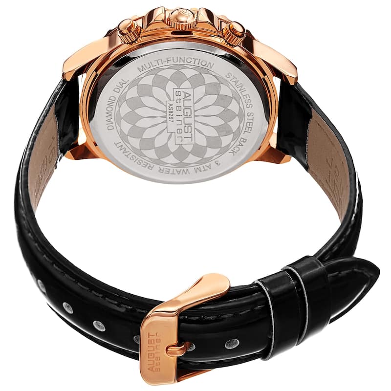 August Steiner Women's Date Diamond Crystal Leather Strap Watch - Black