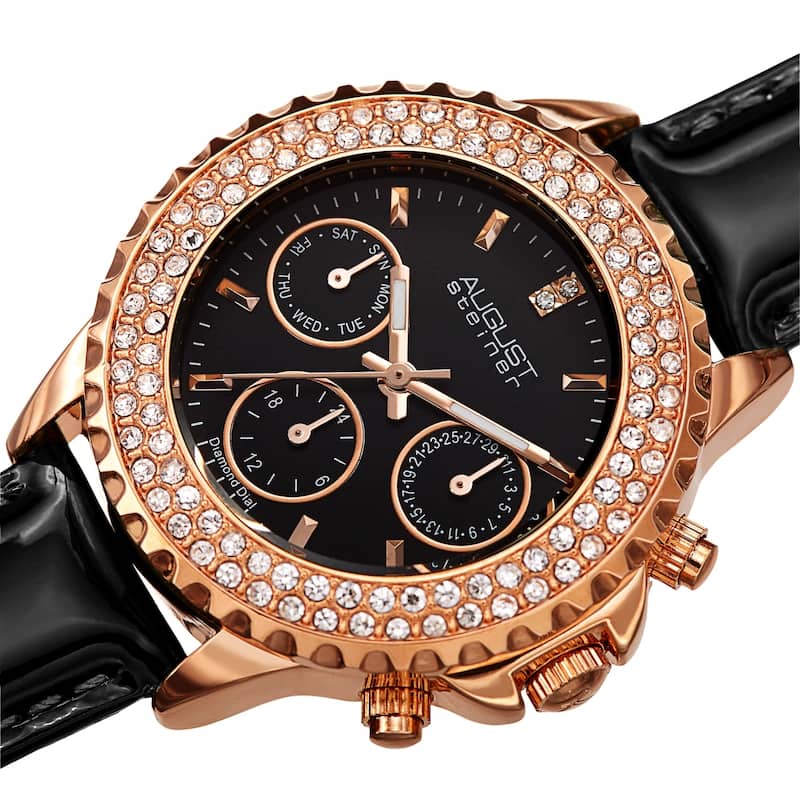 August Steiner Women's Date Diamond Crystal Leather Strap Watch - Black - Black
