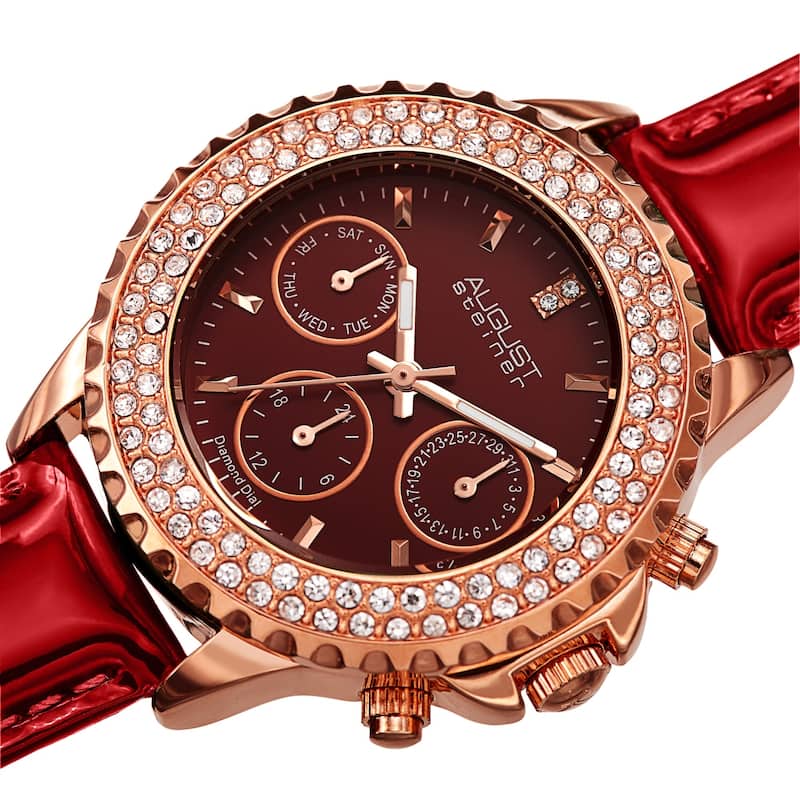 August Steiner Women's Date Diamond Crystal Leather Strap Watch - Black - Red