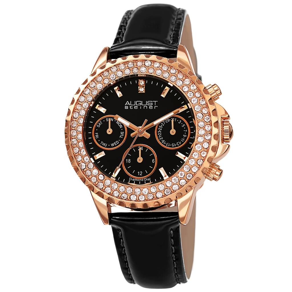 August Steiner Women's Date Diamond Crystal Leather Strap Watch - Black