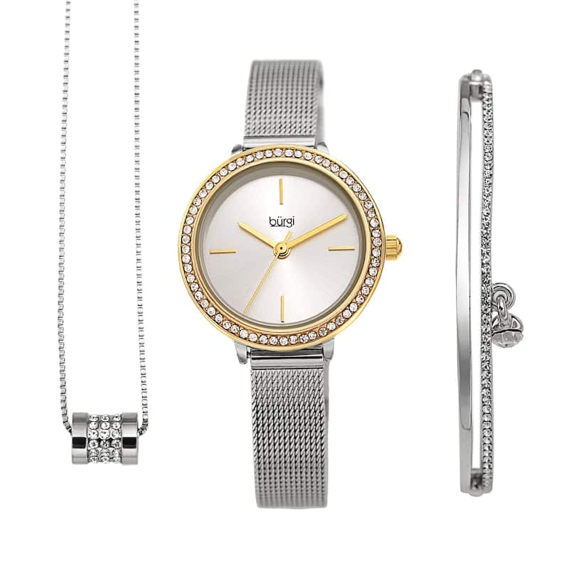 Burgi Women's Beaded Necklace Bar Bracelet Swarovski Mesh Watch Fashion Box Set