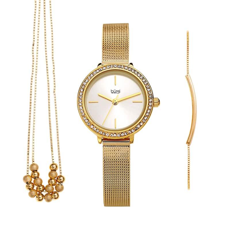 Burgi Women's Beaded Necklace Bar Bracelet Swarovski Mesh Watch Fashion Box Set - Gold