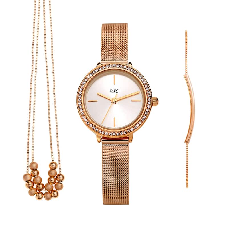 Burgi Women's Beaded Necklace Bar Bracelet Swarovski Mesh Watch Fashion Box Set - Rose