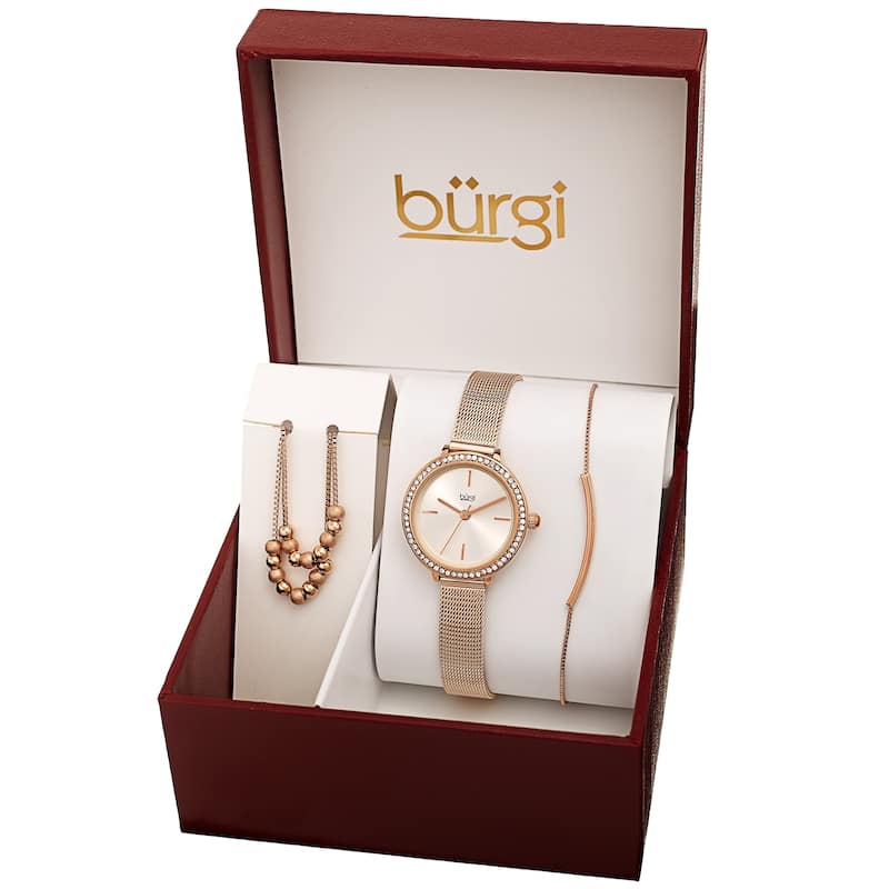 Burgi Women's Beaded Necklace Bar Bracelet Swarovski Mesh Watch Fashion Box Set