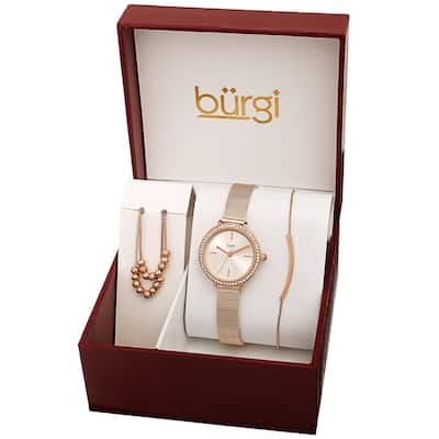 Burgi Women's Beaded Necklace Bar Bracelet Swarovski Mesh Watch Fashion Box Set