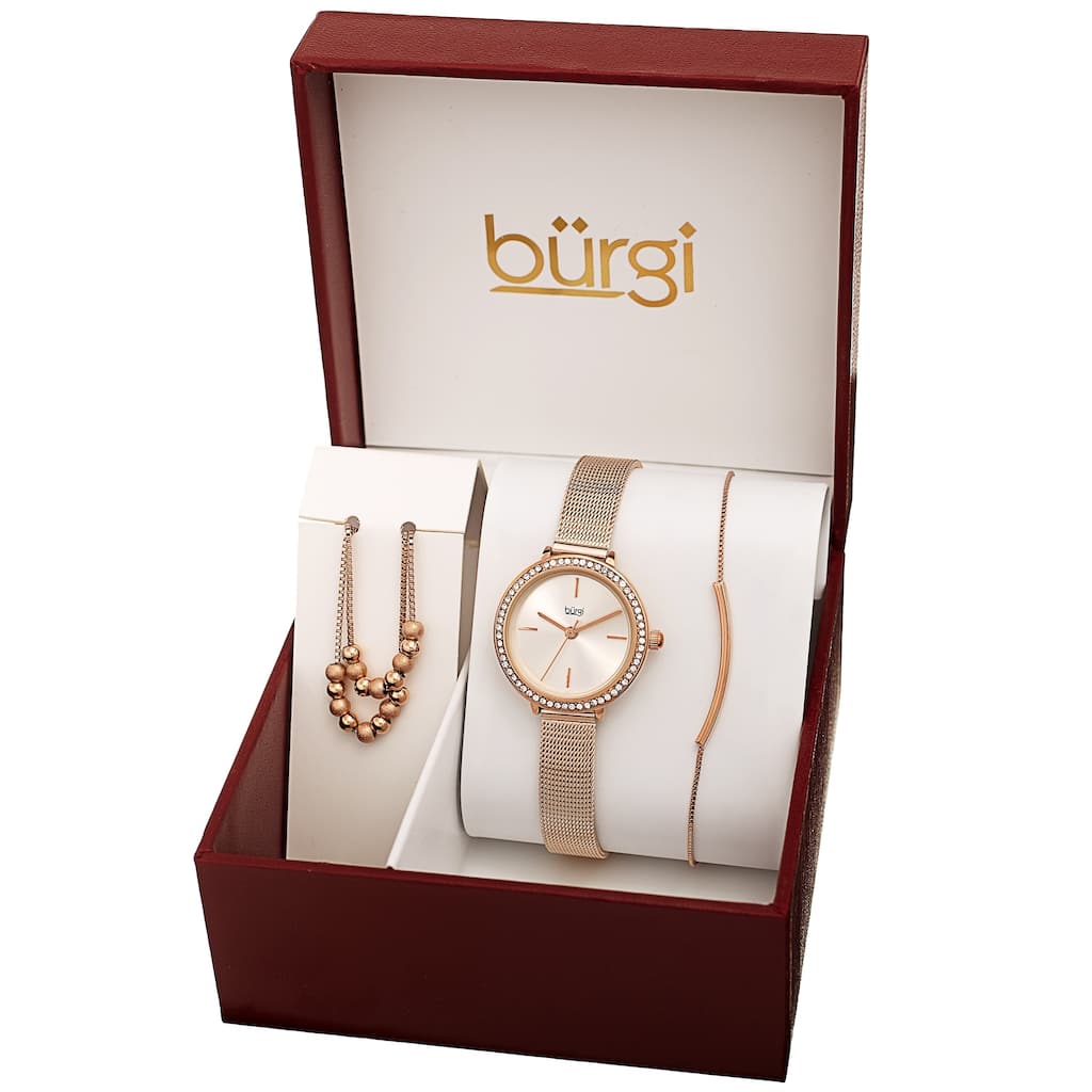 Burgi Women's Beaded Necklace Bar Bracelet Swarovski Mesh Watch Fashion Box Set