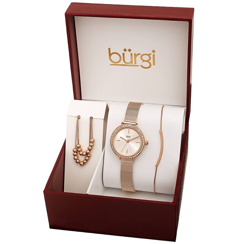 Burgi Women's Beaded Necklace Bar Bracelet Swarovski Mesh Watch Fashion Box Set