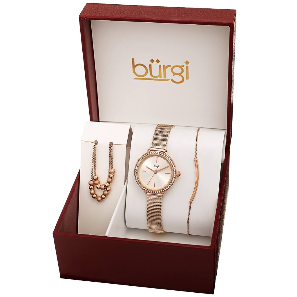 Burgi Women's Beaded Necklace Bar Bracelet Swarovski Mesh Watch Fashion Box Set
