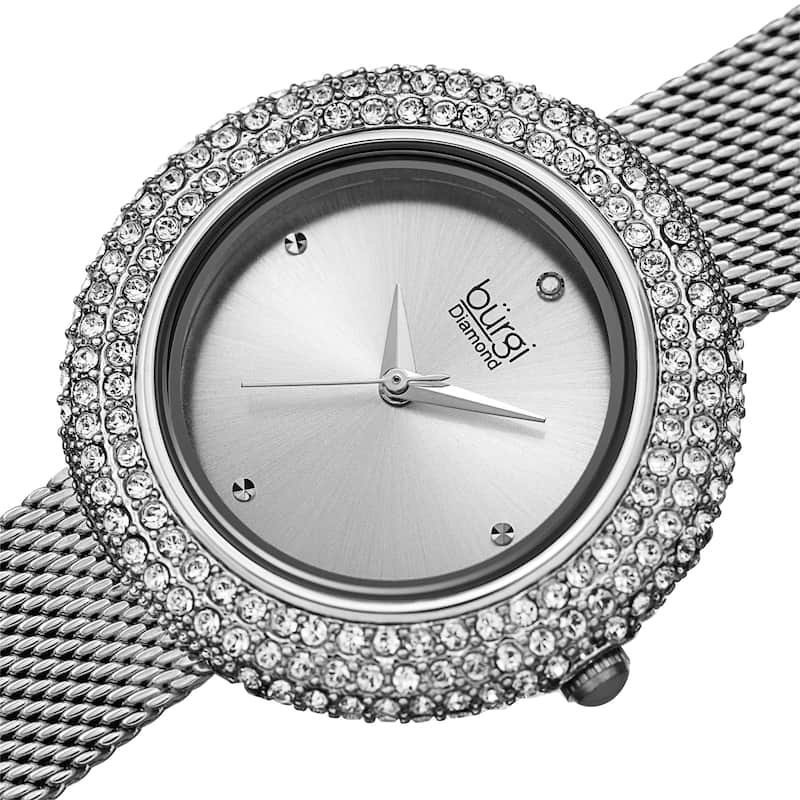 Burgi Women's Diamond Dazzling Crystal Mesh Strap Watch - Silver