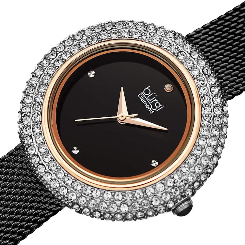Burgi Women's Diamond Dazzling Crystal Mesh Strap Watch - Black