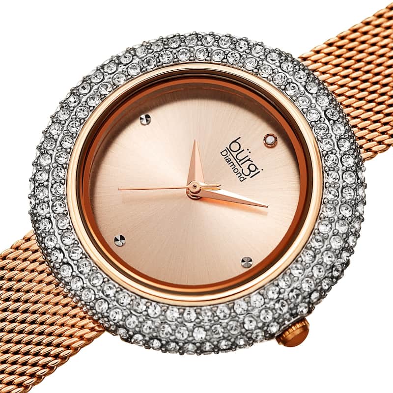 Burgi Women's Diamond Dazzling Crystal Mesh Strap Watch - Rose