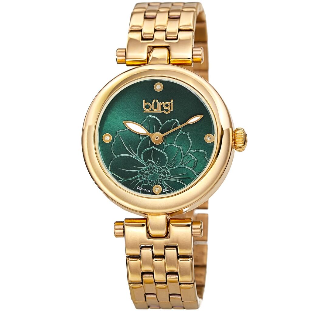 Burgi Women's Quartz Diamond Floral Bracelet Watch - Green