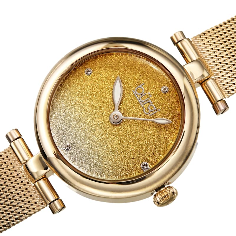 Burgi Women's Swarovski Crystal Ombre Glitter Mesh Strap Watch - Brown - Gold